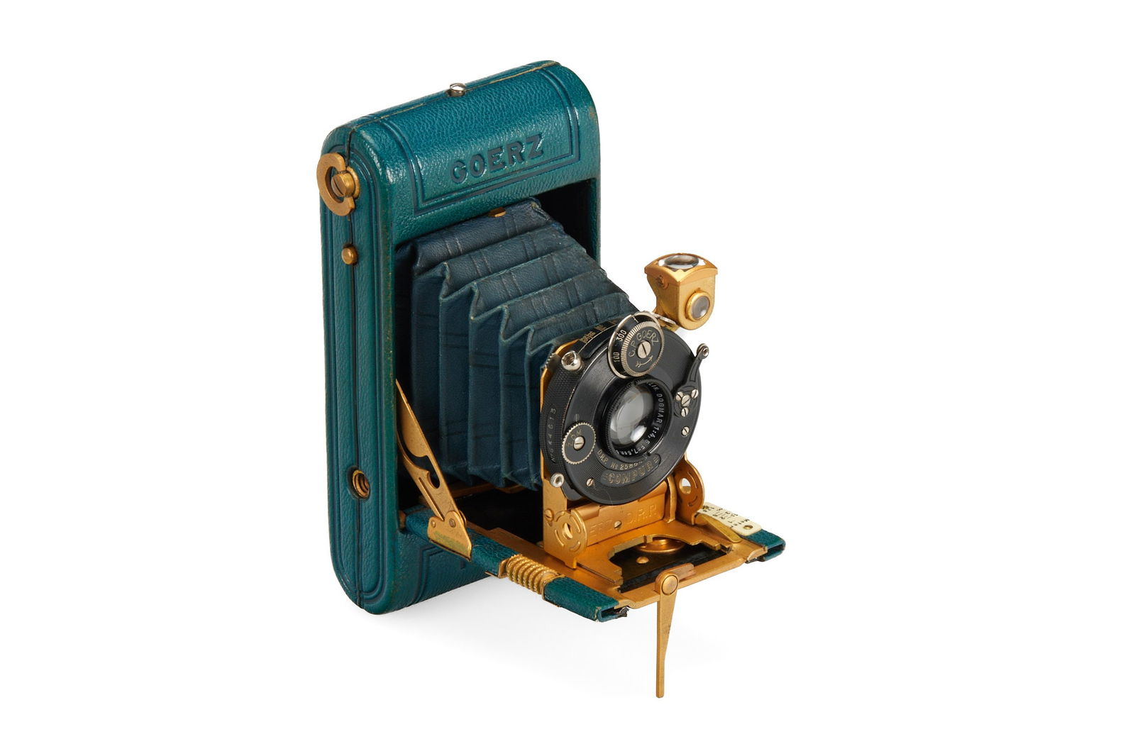 Goerz Roll-Tenax Deluxe: Year/Baujahr: c.1920 Condition/Zustand: B+ English 4.5x6cm, rare Luxus version with brass with blue-green leather covering and bellows, gold plated metal parts and finder, Dogmar 4.5/7.5cm no.60