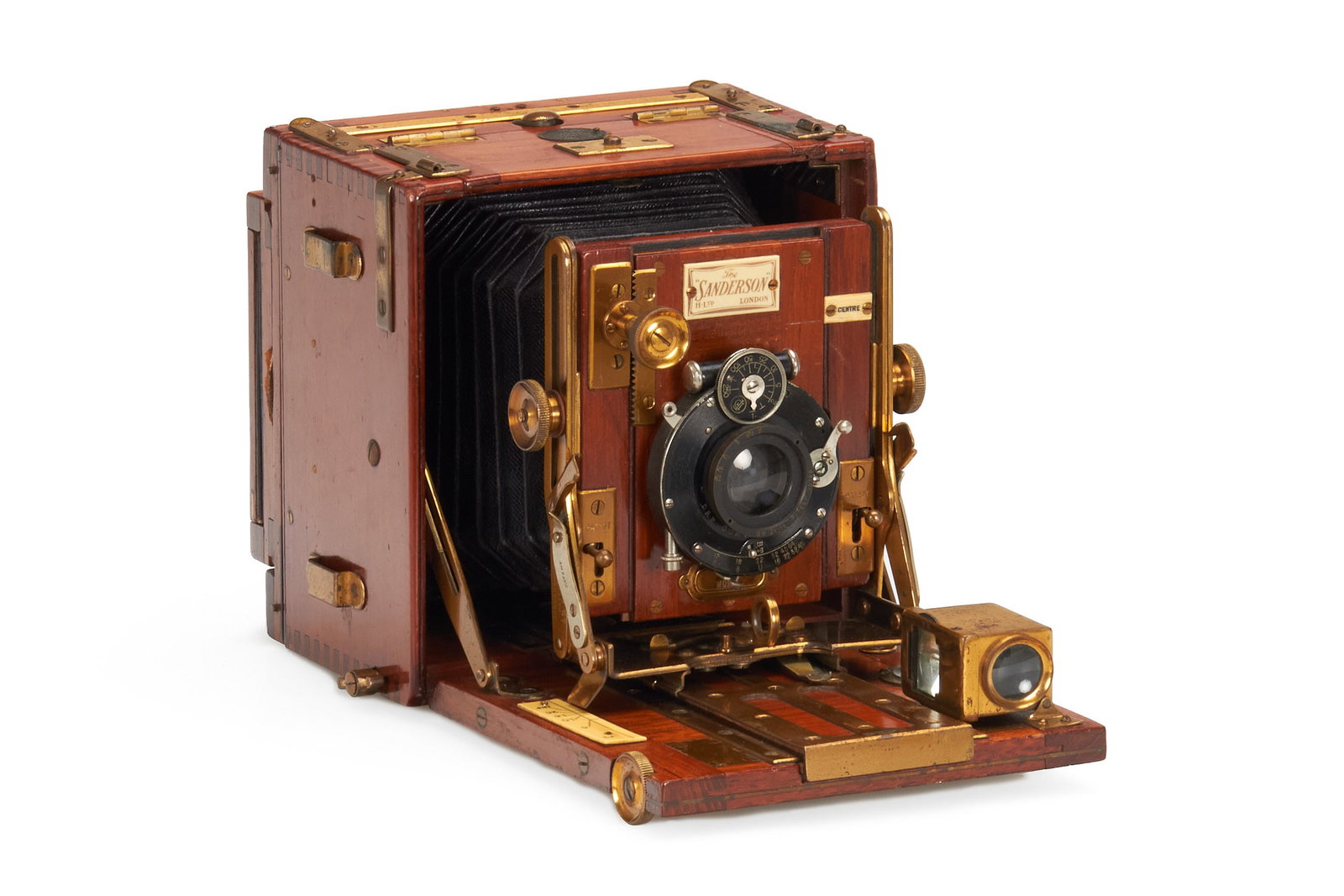 Houghtons Ltd., London The 'Sanderson' Tropical 1/2 Plate: Year/Baujahr: c.1911 Condition/Zustand: B English Beautifully designed classic English tropical camera for 1/2 plate, polished teak with brass fittings, black leather bellows, Brilliant view-fin