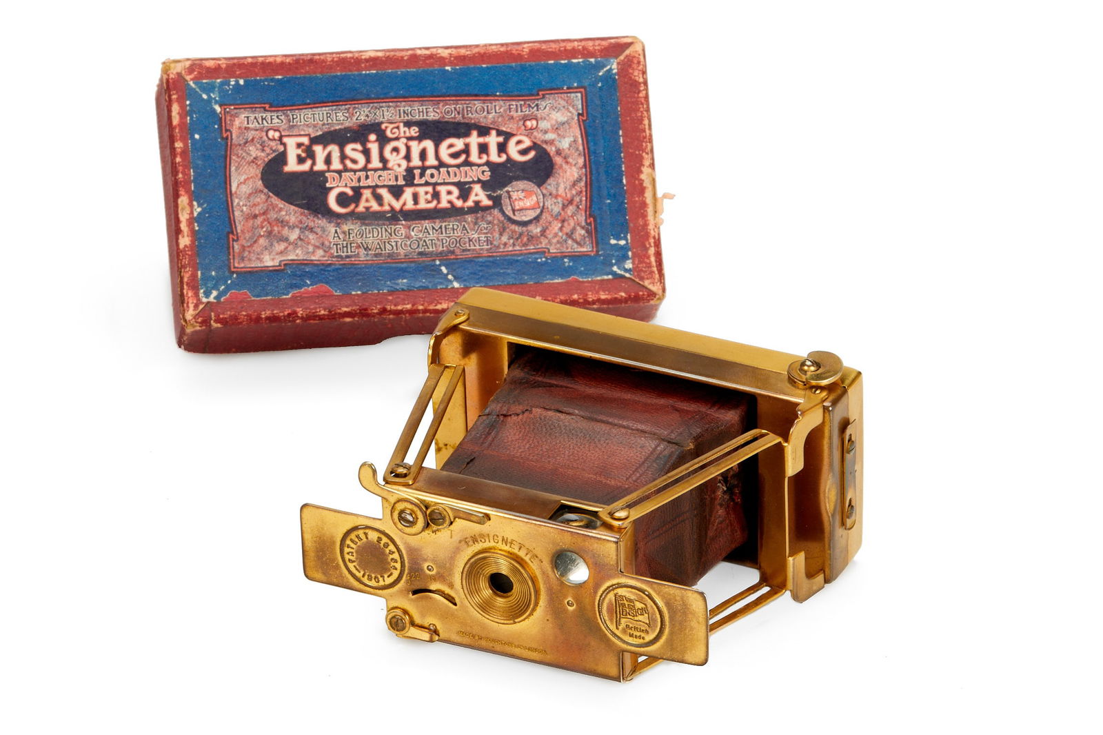 Houghtons Ltd., London Ensignette No.1 Gilt Finish: SN: N5626 Year/Baujahr: 1911 Condition/Zustand: B English Gilt finish no.1 for 1½ inch x 2¼ inch exposures on paper-backed roll-film in original condition with brown leathe