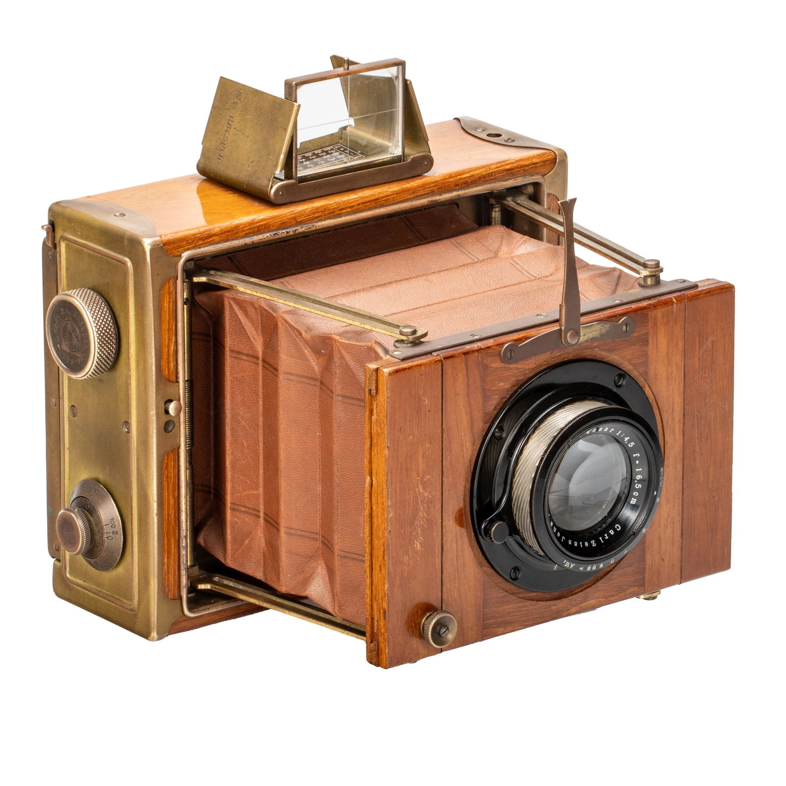 Ernemann Tropen-Klapp 10x15cm: SN: 923489 Year/Baujahr: 1923 Condition/Zustand: B+ English The late 1922 model with polished teak and brass trim, brown lightproof leather bellows. For 10x15cm plates, in very fine and