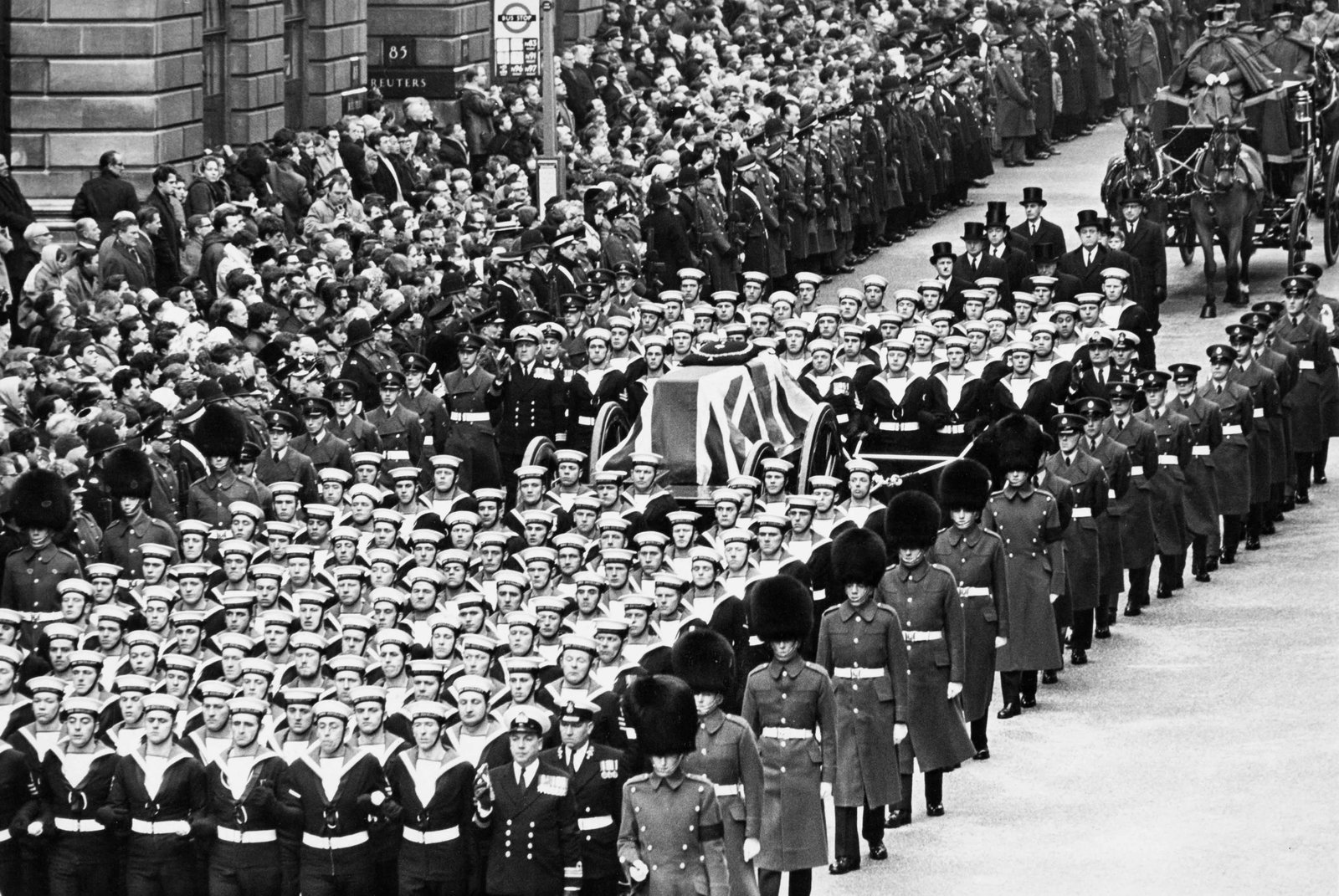 Sir Winston Churchill, State funeral, 1965: Vintage print, stamped, 21 x 30 cm Black Star - New York Churchill died on 24 January 1965 and was given a state funeral six days later. His coffin was carried from Westminster Hall to St Paul?s Cathe