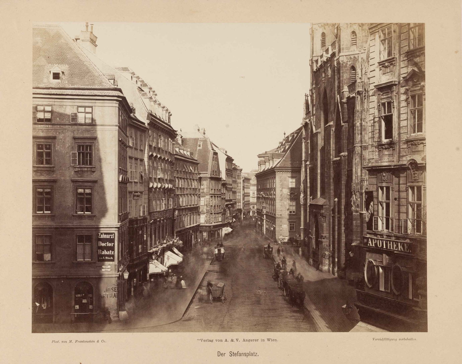 MICHAEL FRANKENSTEIN (1843–1918): MICHAEL FRANKENSTEIN (1843–1918) | Stephansplatz before regulation, Vienna 1870 Image Size: 19 x 24.2 cm English Albumen print, flush-mounted on original paper 22.5 x 28.5 cm and board c. 30 x