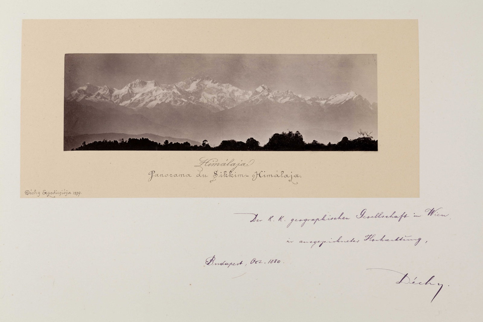 MORITZ VON DÉCHY (1851–1917): MORITZ VON DÉCHY (1851–1917) | 'Panorama du Sikkim-Himalája', from the series 'Déchy Expedition', 1879 Image Size: 6.6 x 21.2 cm English Albumen print, flush-mounted on original p