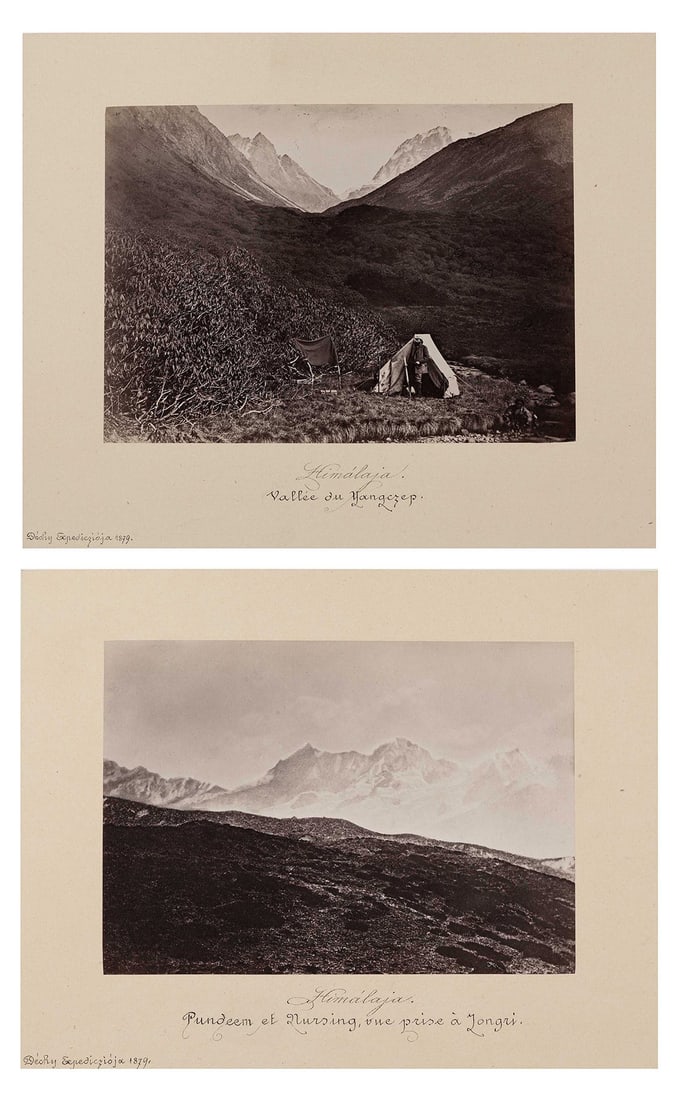 MORITZ VON DÉCHY (1851–1917): MORITZ VON DÉCHY (1851–1917) | Yang Czep Valley/Mount Pandim and Narding from Jongri (2 prints), from the series 'Déchy Expedition', Indien 1879 Image Size: 12,6 x 17,5 / 10,8 x 15,3 c