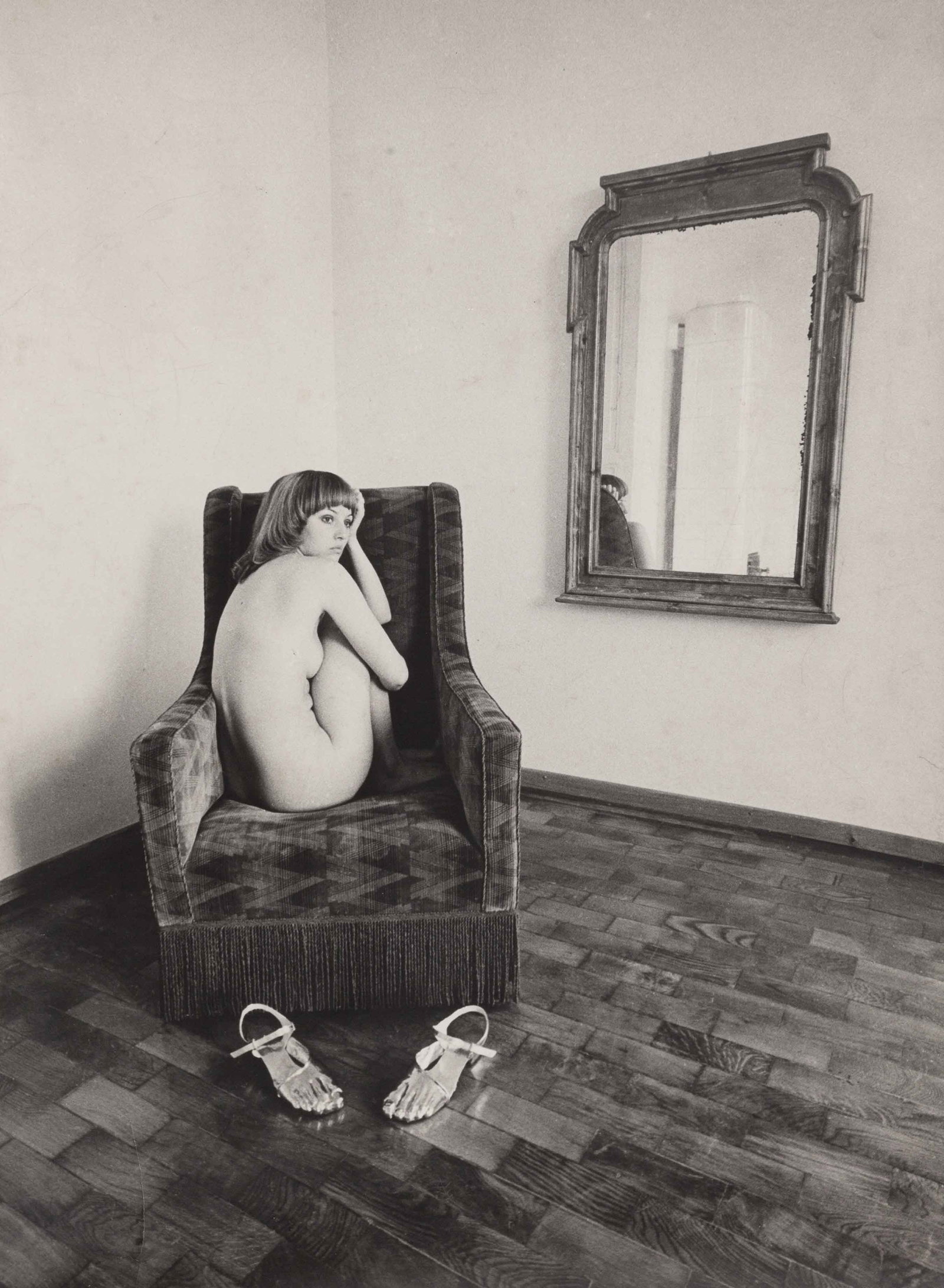 ELFIE SEMOTAN (1941–2026): ELFIE SEMOTAN (1941–2026) | Helen Dubova presenting 'Silver shoes' by Serge Kirchhofer, Vienna 1969 Image Size: 54.8 x 40.8 cm English Vintage gelatin silver print, in good condition. Rare