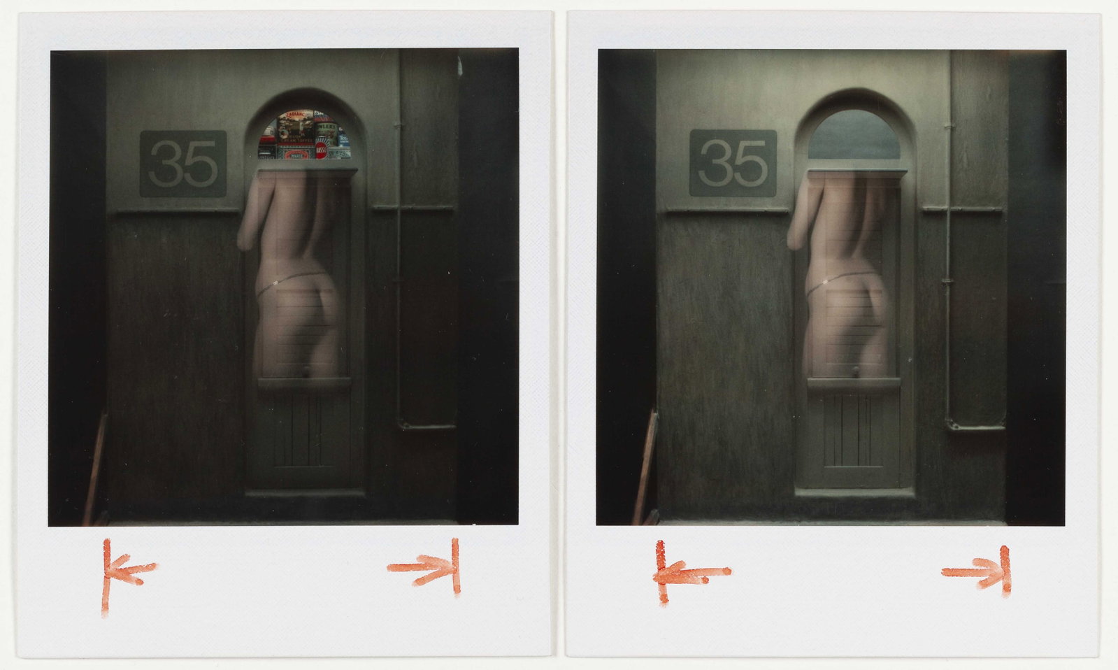 SAM HASKINS (1926–2009): SAM HASKINS (1926–2009) | Nude (diptych), 1975 Image Size: 7.9 x 7.9 cm each English Two unique Polaroid SX-70 multiple exposure, 8.9 x 10.8 cm each, in excellent condition. Cropping marks in