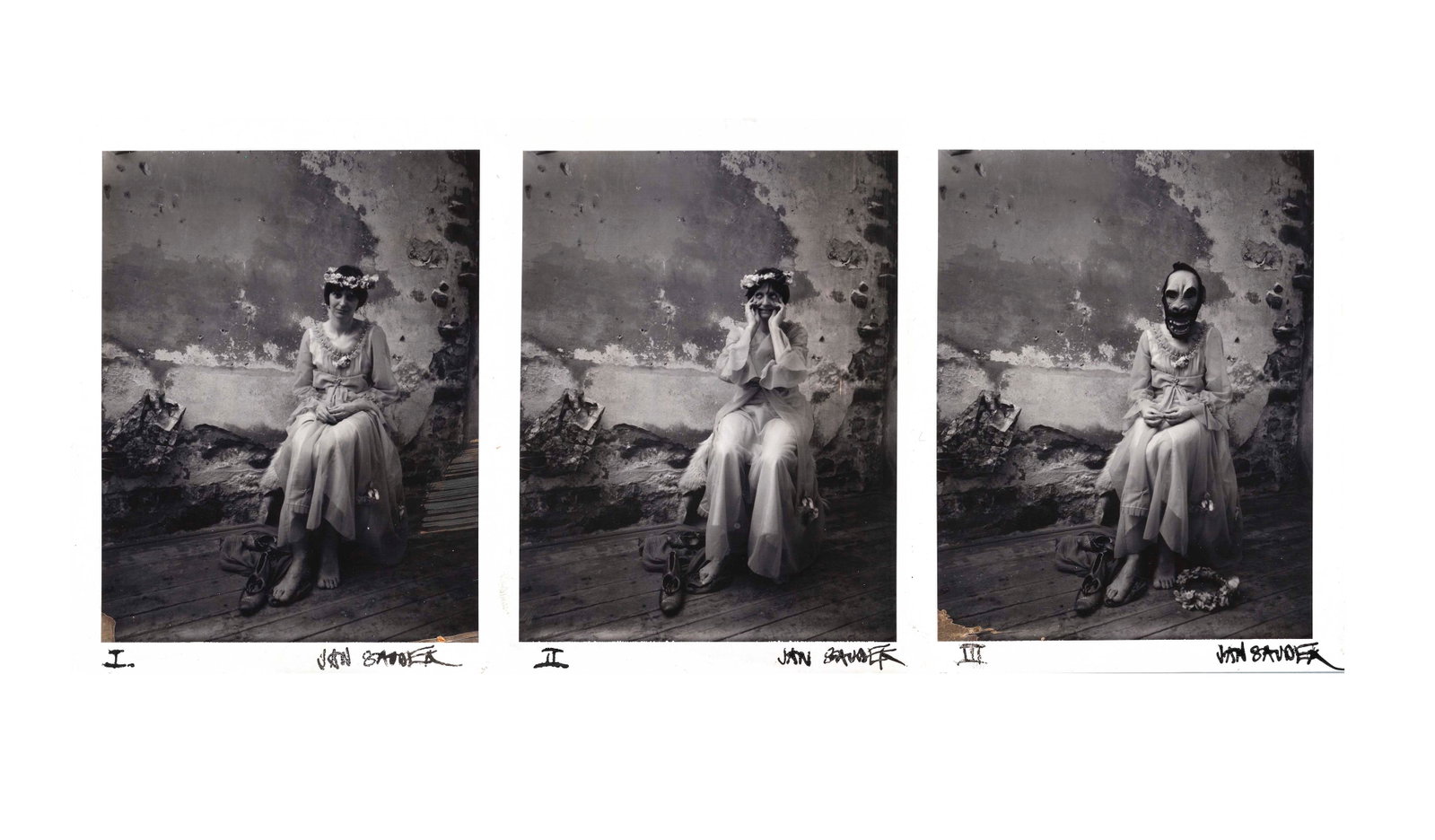 JAN SAUDEK (*1935): JAN SAUDEK (*1935) | Beauty to beast (triptych), 1980 Image Size: 9.5 x 7.3 cm each English Three unique Polaroid T665 P/N, 10.8 x 8.6 cm each, in very good condition. Each print signed and numbered