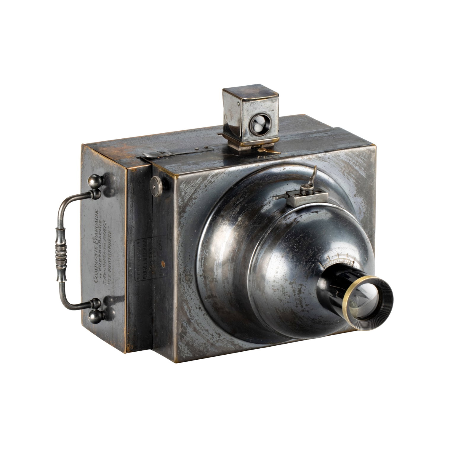 Compagne Française de Photographie | Le Photosphere 9x12cm: SN: 1932 Year/Baujahr: c.1890 Condition/Zustand: B+ English 9x12cm, anodised metal body, hemispherical shutter, original lens, finder, matching roll magazine no.599, camera and magazine in very fine o