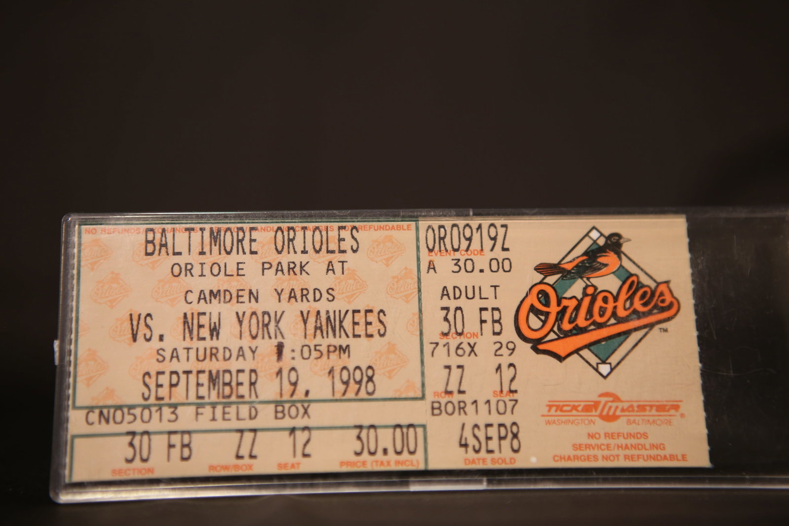 Baltimore Orioles Game Ticket from September 19th, 1998 Cal Ripken Ties Lou Gehrig Record: Ripken ties Gehrig's record ticket!