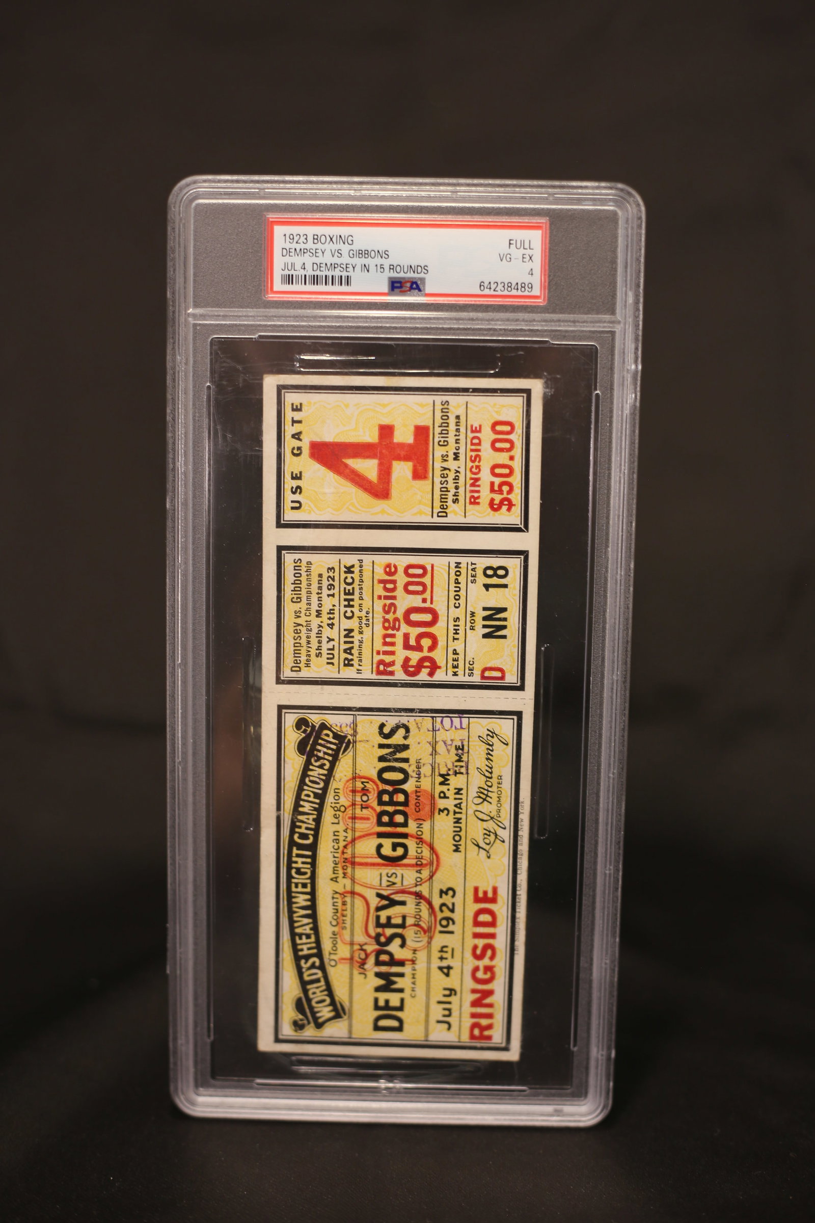 1923 Boxing Dempsey vs Gibbons Ticket PSA 4: July 4th Dempsey in 15 Rounds