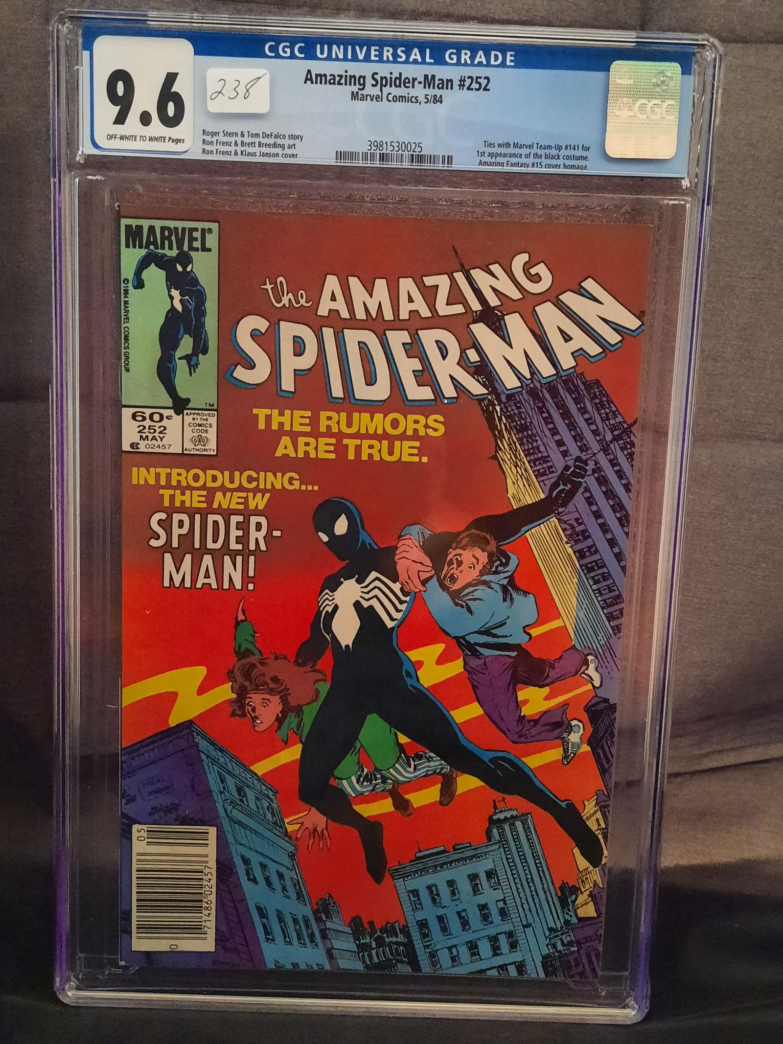 238- Amazing Spiderman #252 cgc 9.6, 1985, 1st appearance of the Black Costume, (1 of 2)