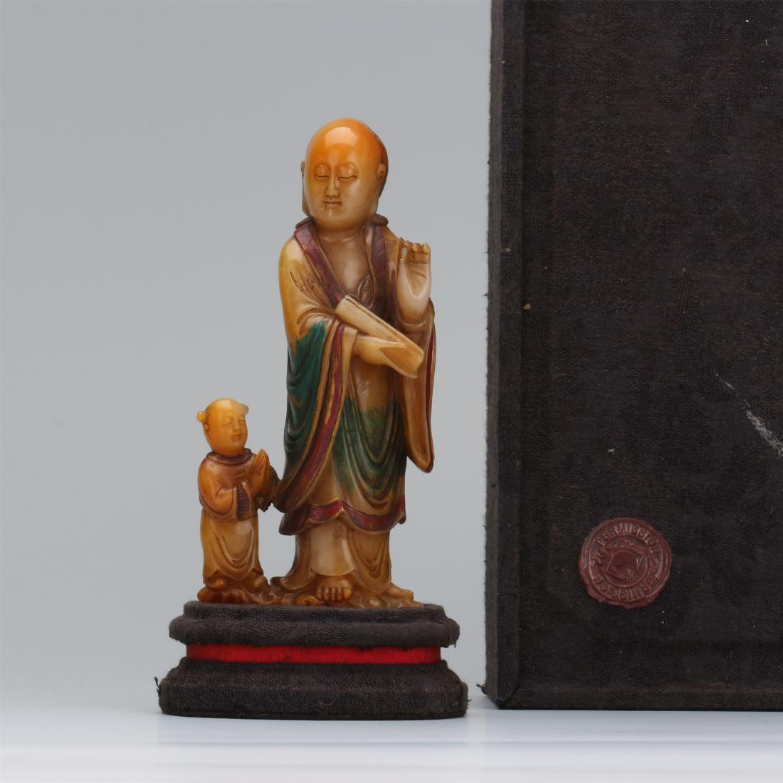 CHINESE SOAPSTONE STANDING LOHAN: CHINESE SOAPSTONE STANDING LOHAN. H. 16.5 cm. Weight 281 gram. Free shipping to any USA 48 states deliver and $100 oversea shipping.