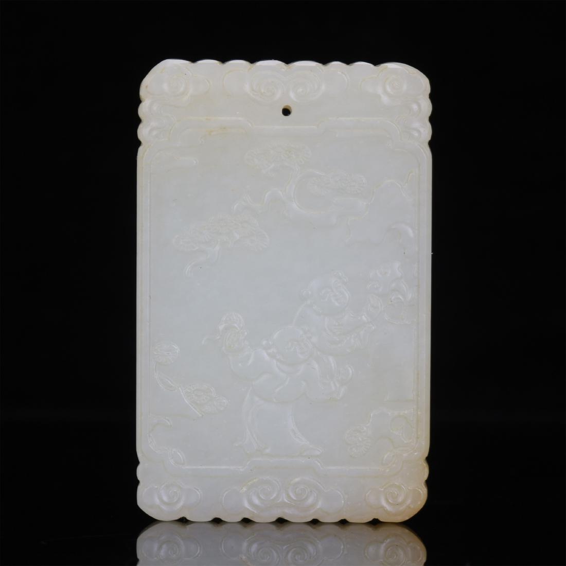CHINESE WHITE JADE BOY PLAYING SQUARE PLAQUE: CHINESE WHITE JADE BOY PLAYING SQUARE PLAQUE. Size 5.5 cm by 3.5 cm. Weight 36 gram. Shipping cost $20 to any USA 48 states and $60 oversea shipping.