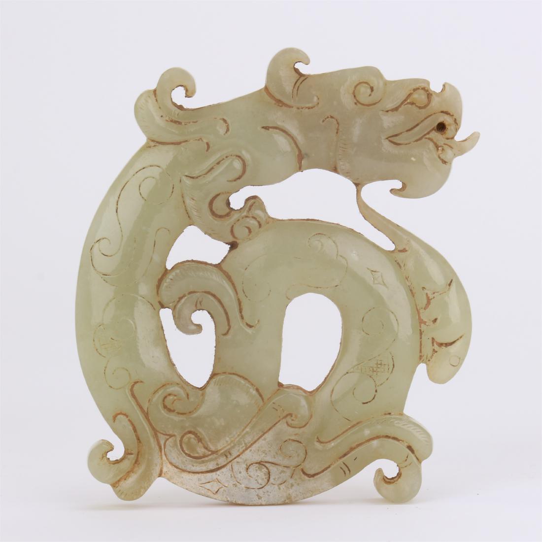 CHINESE ANCIENT JADE DRAGON CIRCLE PLAQUE: CHINESE ANCIENT JADE DRAGON CIRCLE PLAQUE. Size 7.5 cm by 5.5 cm by 0.6 cm. Weight 51 gram. Shipping cost $20 to any USA 48 states and $60 oversea shipping.