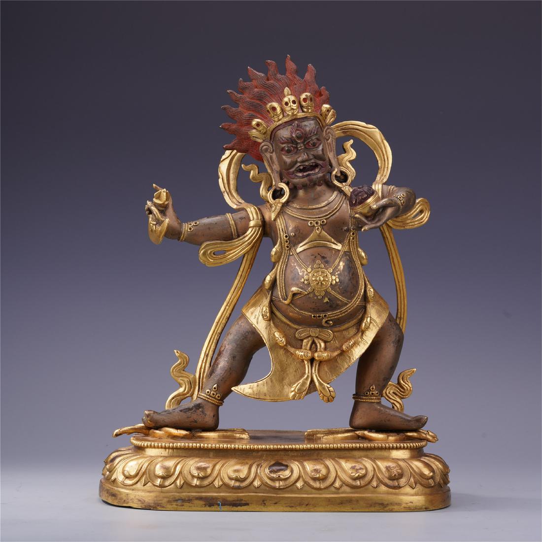TIBETAN GILT BRONZE STANDING BUDDHIST GUARDIAN: TIBETAN GILT BRONZE STANDING BUDDHIST GUARDIAN. 25 cm by 12 cm by 33 cm. Weight 4000 gram. Shipping cost $100 to any USA 48 states and $300 oversea shipping. Our package processing time range is 2wk t