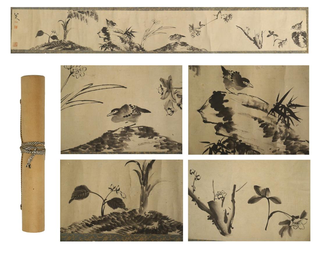 CHINESE HAND SCROLL PAINTING OF BIRD ON ROCK: CHINESE HAND SCROLL PAINTING OF BIRD ON ROCK. Image only size only size 193 cm by 26.5 cm. Local pickup in our NJ warehouse available. Shipping cost $30 to US 48 states and $100 for oversea delivery.