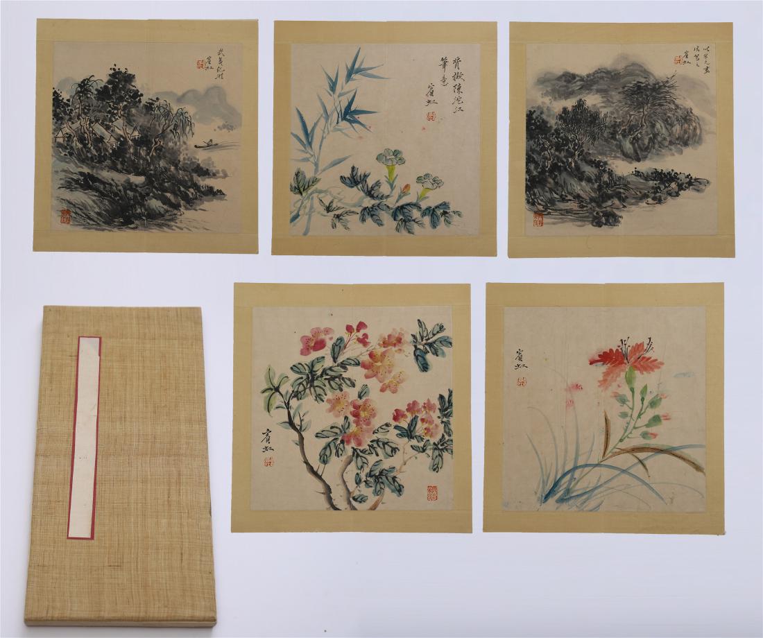 FIVE PAGES OF CHINESE ALBUM PAINTING OF MOUNTAIN VIEWS: FIVE PAGES OF CHINESE ALBUM PAINTING OF MOUNTAIN VIEWS AND FLOWER. Single page size 41.5 by 20 cm. Local pickup in our NJ warehouse available. Shipping cost $30 to US 48 states and $100 for oversea de