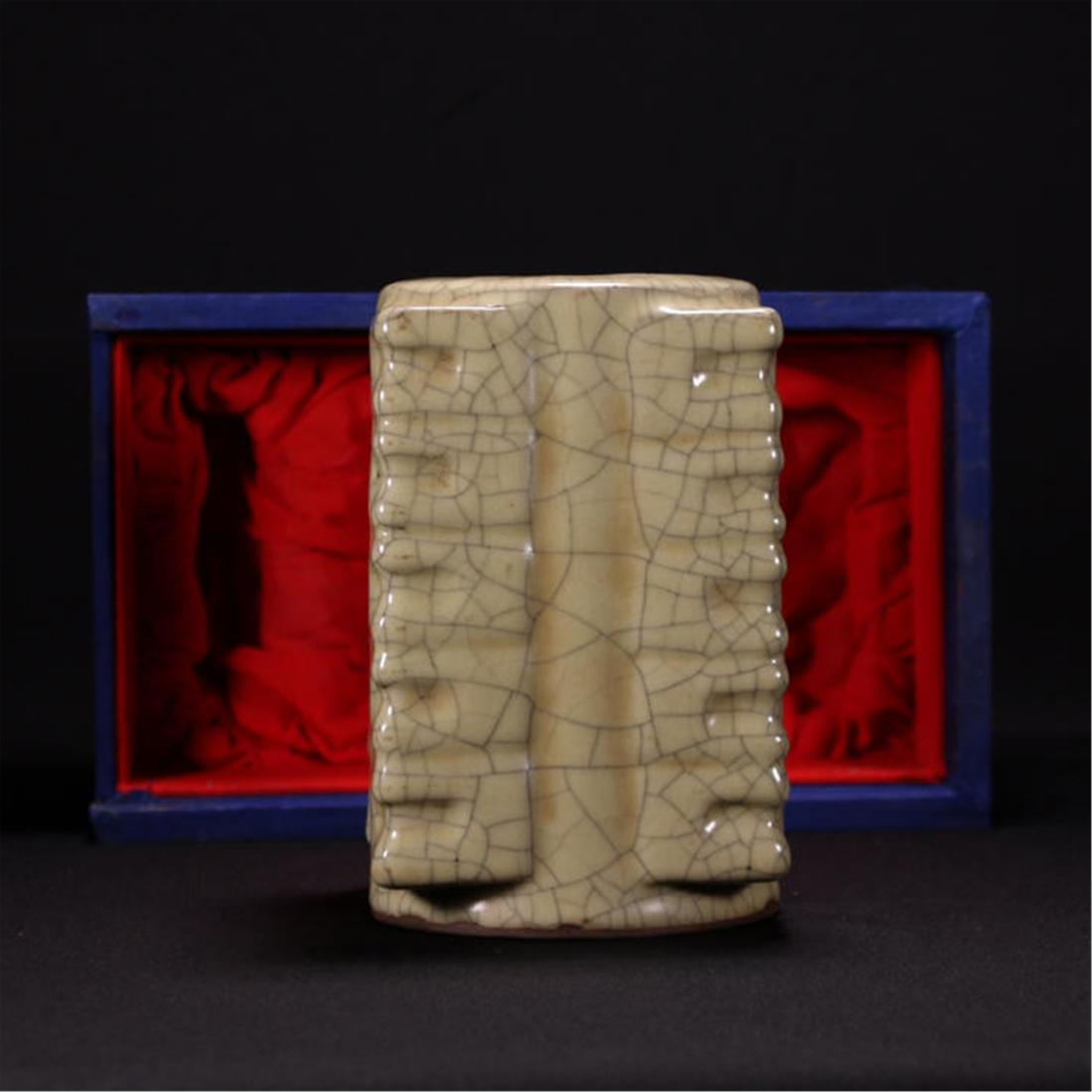 CHINESE CRACKED GLAZE CONG SQUARE VASE: CHINESE CRACKED GLAZE CONG SQUARE VASE. H. 17 cm. Diam. 10.3 cm. Local pickup in our NJ warehouse available. Shipping cost $30 to US 48 states and $100 for oversea delivery. Combined shipping availabl