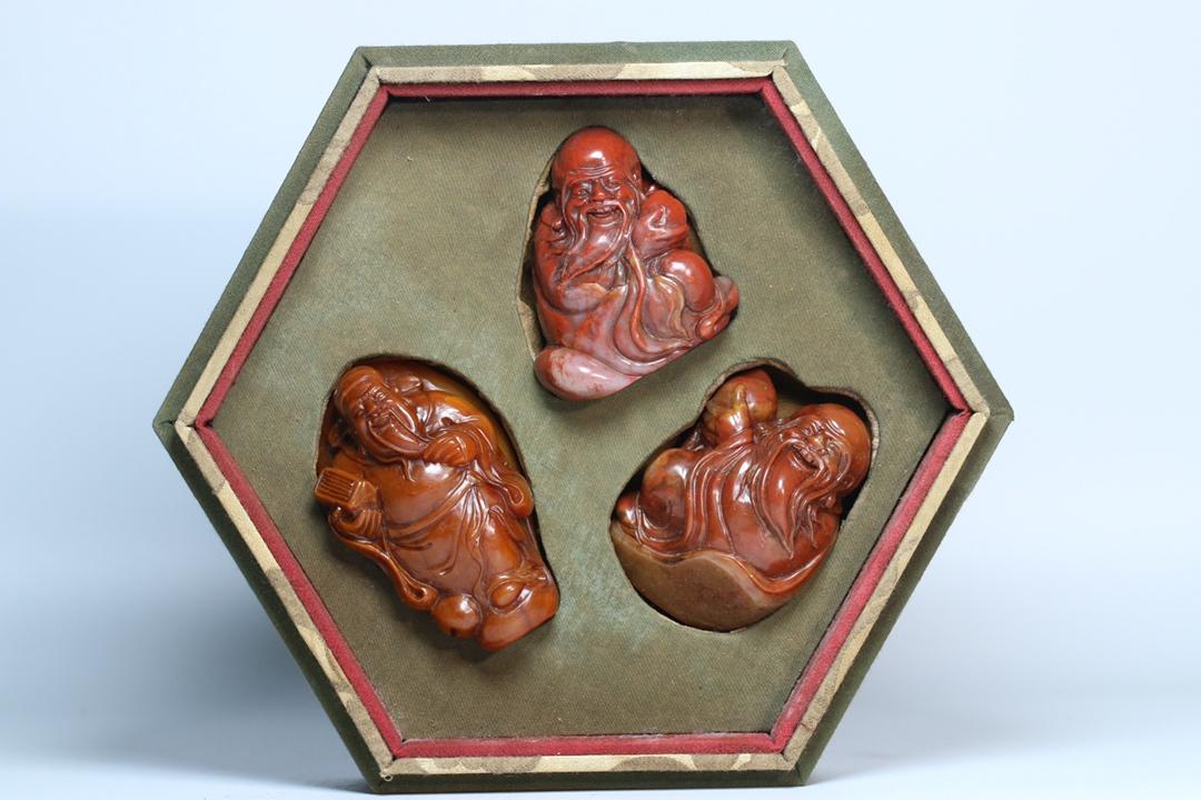THREE CHINESE SOAPSTONE FIGURES TABLE ITEM: THREE CHINESE SOAPSTONE FIGURES TABLE ITEM. 8.8 cm by 5.2 cm by 3.9 cm. Weight 597 gram. Local pickup in our NJ warehouse available. Shipping cost $30 to US 48 states and $100 for oversea delivery. Co