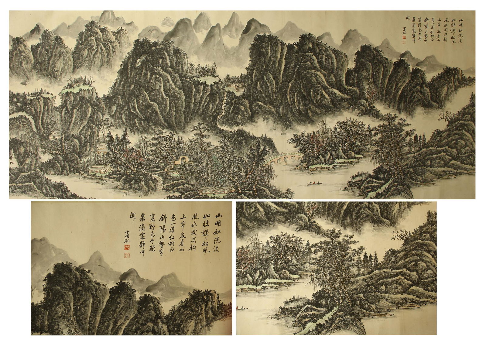CHINESE SCROLL PAINTING OF MOUNTAIN VIEWS: CHINESE SCROLL PAINTING OF MOUNTAIN VIEWS. Image only size 360 cm by 142 cm. Local pickup in our NJ warehouse available. Shipping cost $30 to US 48 states and $100 for oversea delivery. Combined shipp