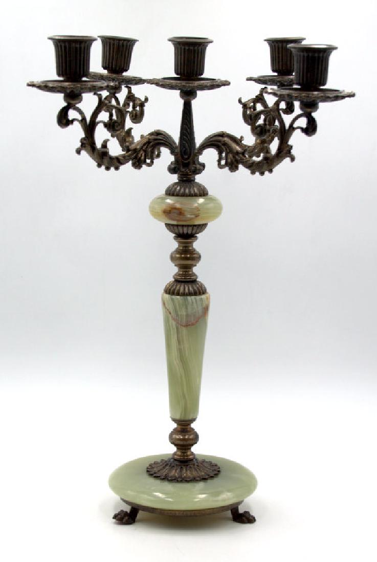 Mid century 5 arms candelabrum with green marble: Mid century brass and marble Rococo 5 arm italian candelabra - size: cm 32