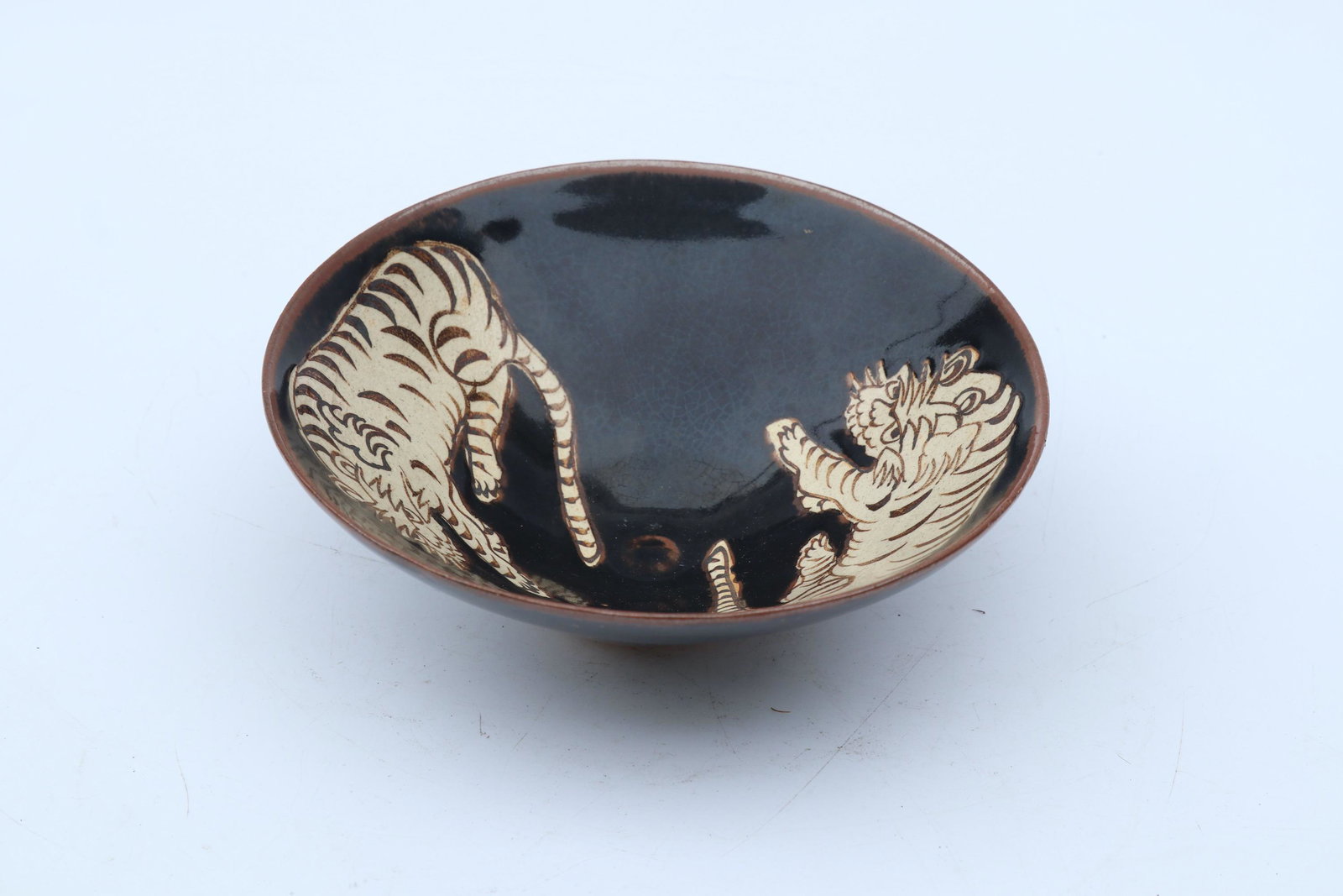 Chinese Song Dynasty Zi Zhou Kiln Bowl: Chinese Song Dynasty Zi Zhou Kiln Bowls showing tiger motifs; D: 6 1/8" (widest, approx.) Property From Private Collection