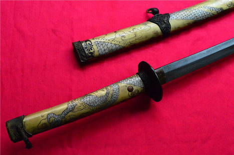 Japanese Sword Samurai Katana Damascus Steel Blade: Japanese Sword Samurai Katana Damascus Steel Blade Copper Dragon Sheath Overall Length: 40.00 Inches