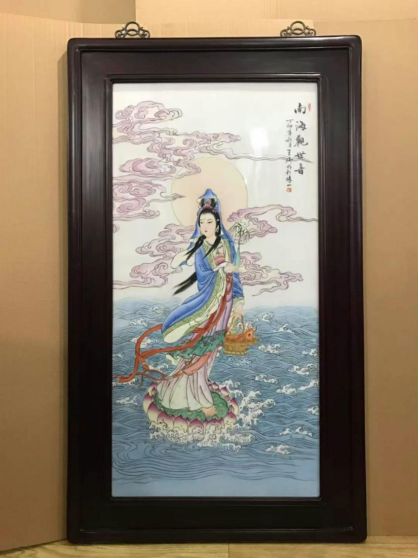 "South China Sea Guanshi Yin" porcelain plate painting,: "South China Sea Guanshi Yin" porcelain plate painting, ebony frame, as Zhushan eight friends "Wang Wei" fine painting, size: 133 cm high× width 79 cm. 【南海观世音