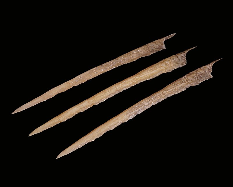 X-Men Origins: Wolverine Prototype Claw Set: Set of three production-made Wolverine prototype bone claws created by ADI (Amalgamated Dynamics Inc.) for the Wolverine film series. These claws were an early design and not ultimately used on screen