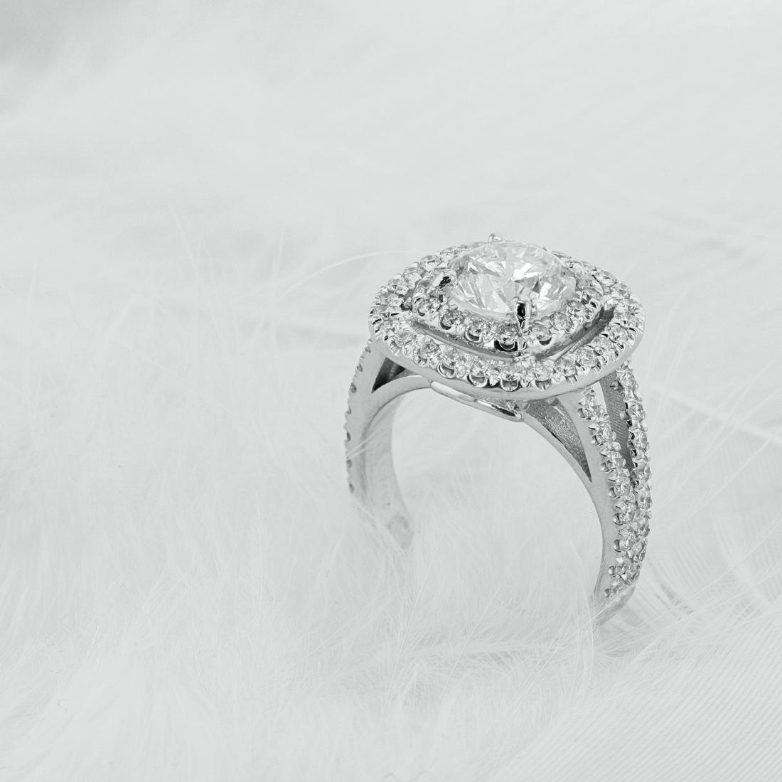 2.2 Carat SPLIT SHANK DOUBLE HALO RING 14K WHITE GOLD: Split Shank with Double Halo Engagement Ring made by 14K Solid White Gold and set with Stunning, Eye Clean and Sparkly Diamonds. Center Diamond is 1.50 Carat F VS2 (Enhanced) & side diamonds are total