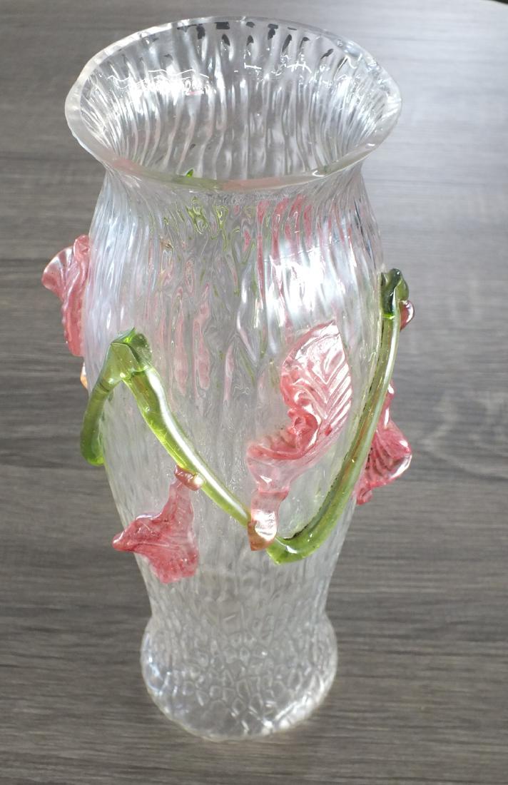 Loetz art glass vase: Loetz art glass vase with pink leaves and green vines C.1930S