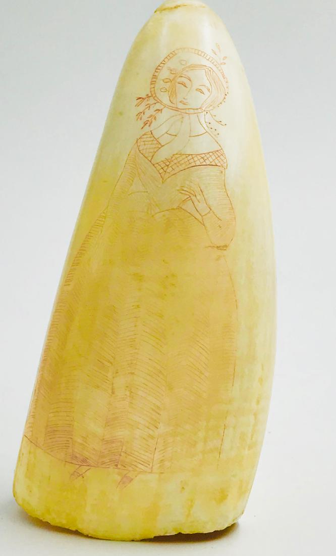 Whale Tooth Scrimshaw, Colonial Lady Hand Carved Scene: Whale Tooth Scrimshaw, Colonial Lady Hand carved Scene Measurements are 5-1/2 Inches in height with no base. Unknown Artist signature GIA Gemologist inspected and evaluated Weight: 1.5 pounds