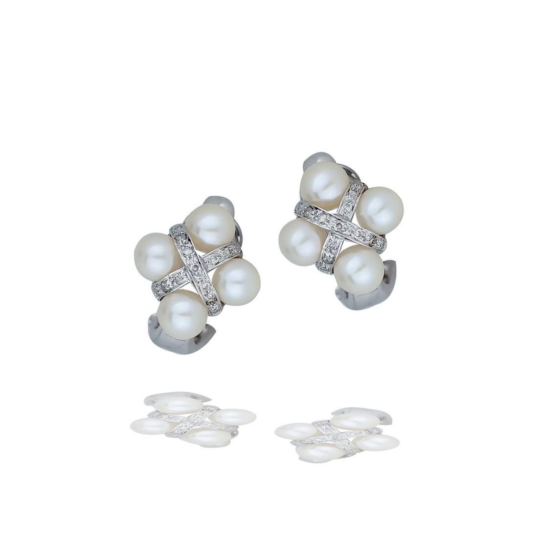 Vintage, Diamond and Pearl Cross-Cross, Omega Earrings, (1 of 1)