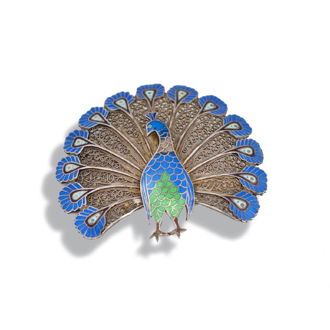 Sterling Silver, Enameled Vintage, 2 Inch Peacock Pin (1 of 2)