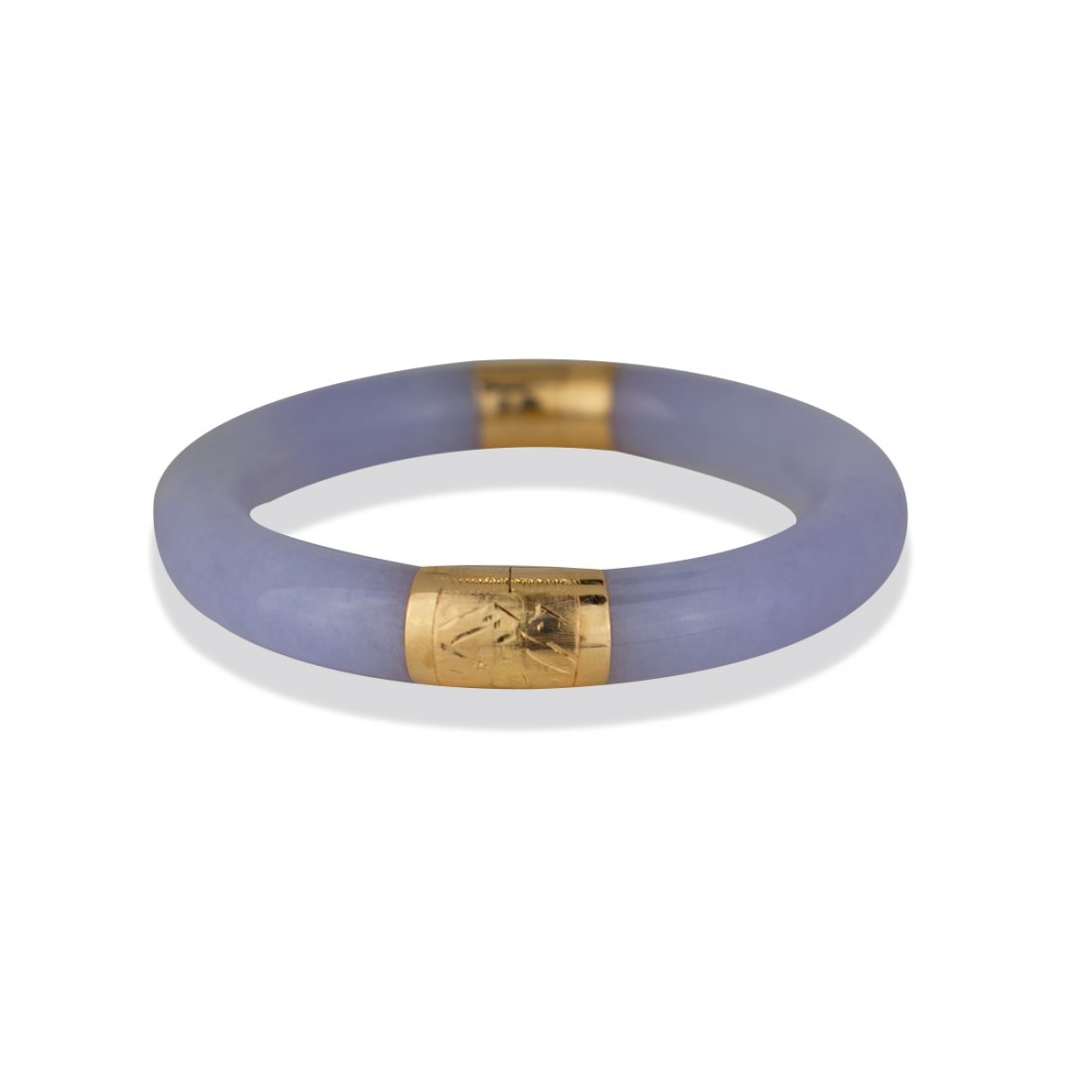 Lavender Jade, 14 Kt. Gold Bangle Bracelet<: Lavender Jade, 14 Kt. Gold Bangle Bracelet 11 mm wide Jade with 14 karat yellow gold detailed, sturdy end cupping and safety chain Regular size bangle GIA Gemologist inspected and evaluated