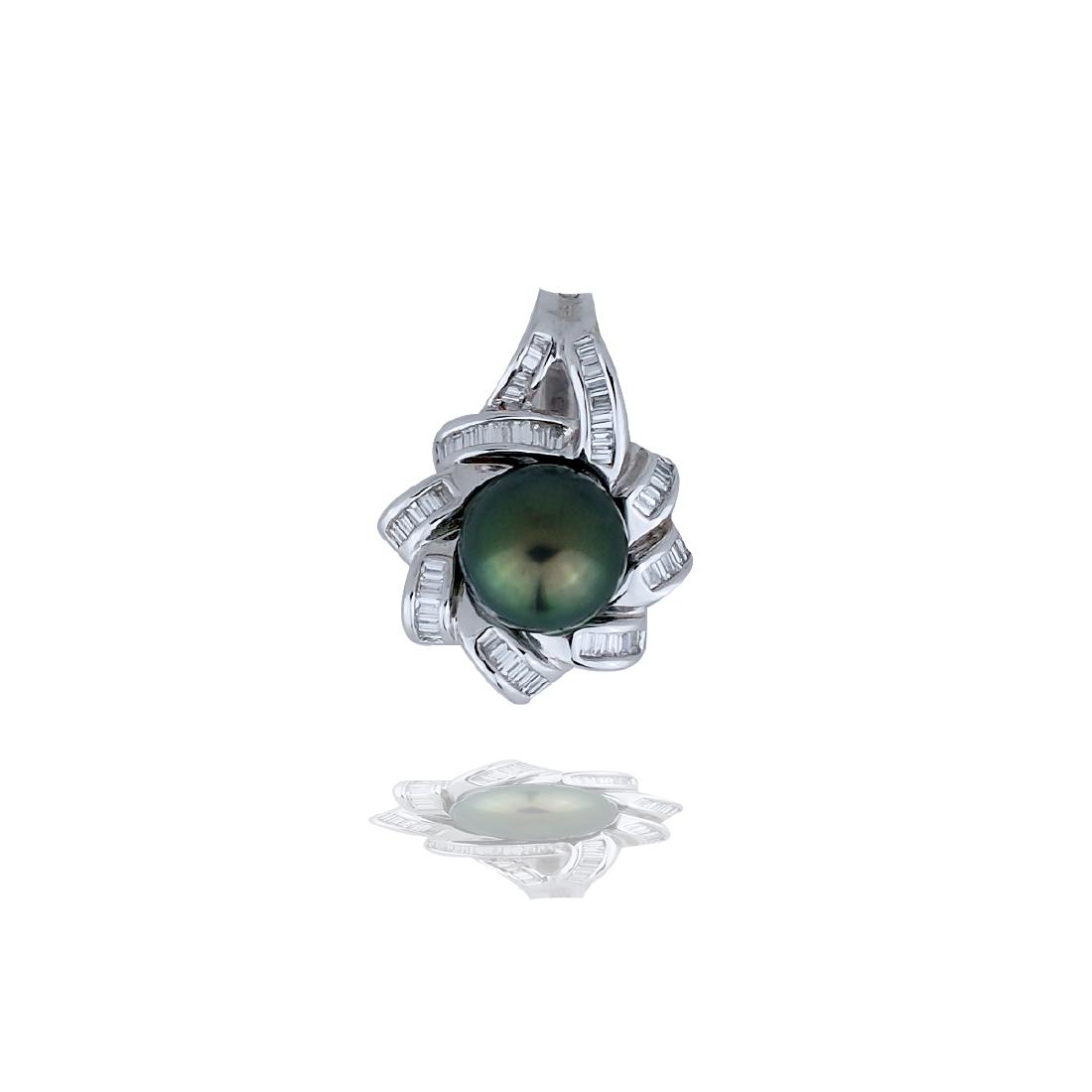 Tahitian 10mm Pearl Baguette, 1.80 Ct Diamond 18 Karat: Tahitian Pearl Baguette Diamond 18 Karat White Gold Enhancer Pendant with Matching Earrings Available Beautifully designed and well made, a dark gray round Tahitian pearl is framed by 45 channel set s