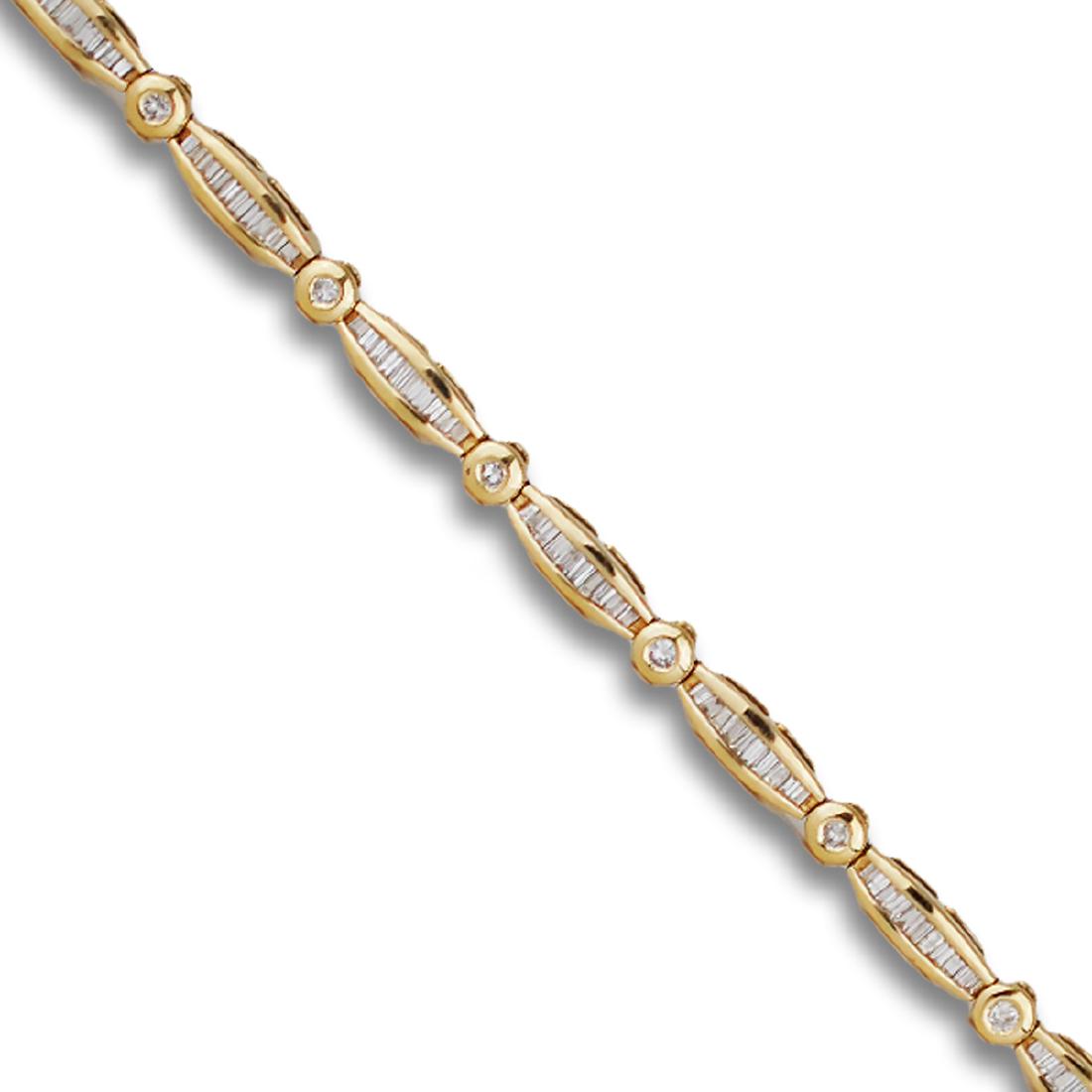 Baguette, 3.85 Carat Diamond Tennis Bracelet, 14 Karat: Baguette 3.85 Carat Diamond Tennis Bracelet, 14 Karat The bracelet consists of baguette cut diamonds (120) and round cut 1.85 mm (11). The total diamond weight of the bracelet is estimated to be 3.85 