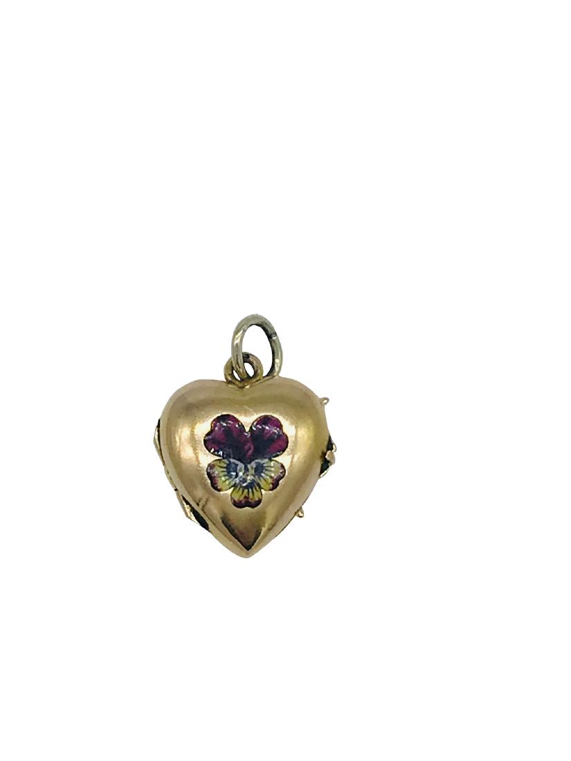 Victorian, Pansy Flower, Hand-Painted Heart 14 Kt.: Victorian, Pansy Flower, Hand-Painted Heart 14 Kt. Locket 1/2 inch in diameter Heart with Pansy Flower colored in red and yellow made of 14 karat yellow gold. Weight is 1.8 grams Opens to a duel pictu