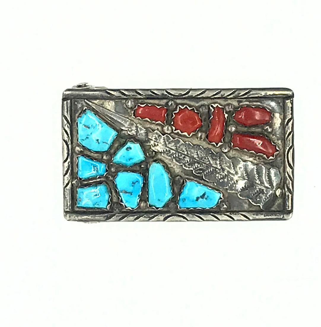 Zuni, Wayne Cheama, Sterling Turquoise-Coral Belt: Zuni, Wayne Cheama, Sterling Turquoise-Coral Belt Buckle Hallmarked Wayne C. is a renown Zuni, silversmith. Buckle is 3 x 1-1/2 inches wide is a picture of Indian feather with beautiful quality gemsto