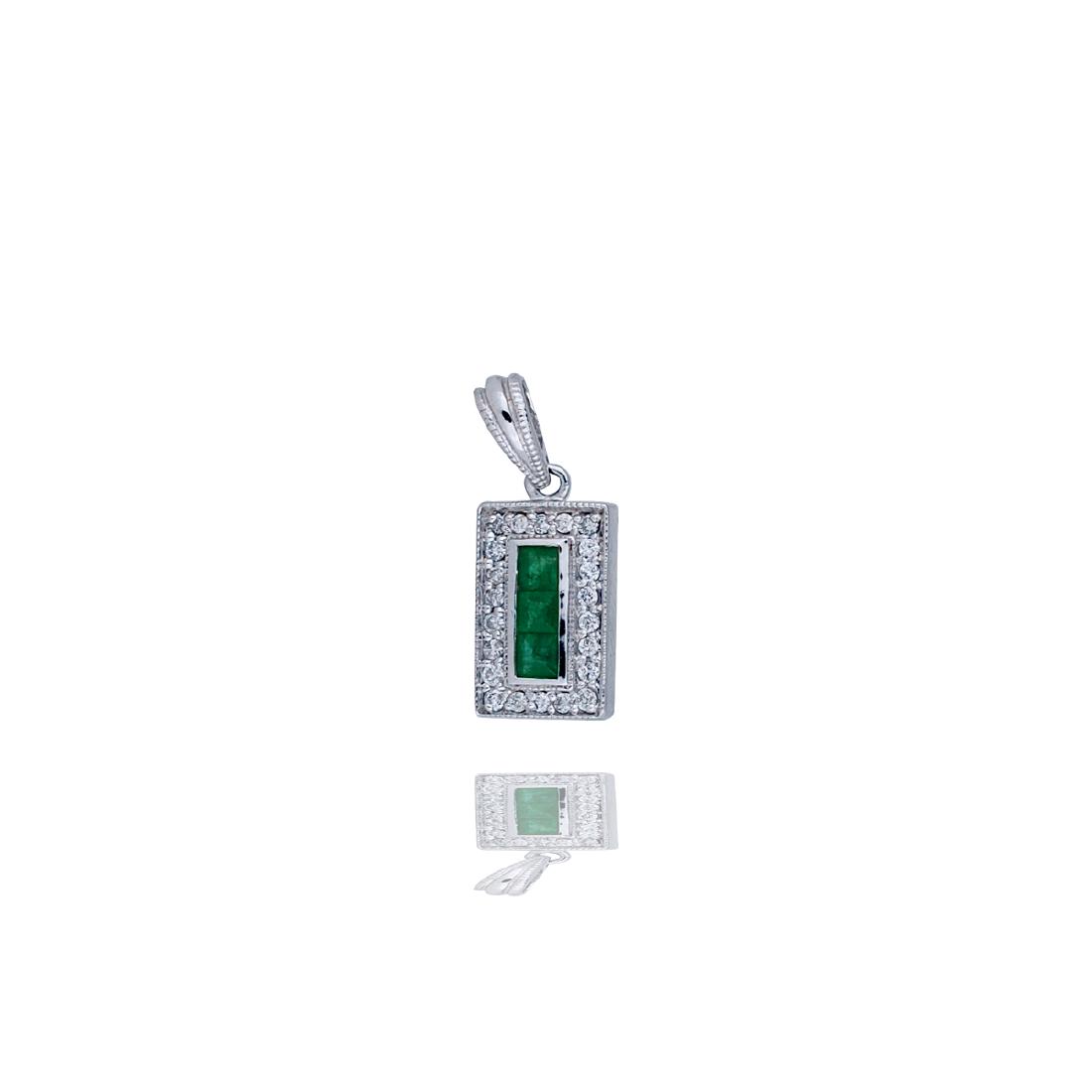 Pendant drop, Princess Emeralds, Pave Diamond Halo,: Pendant drop, Princess Emeralds, Pave Diamond Halo, White Gold .58 TCW The (3) Emeralds are deep colored stones set in channel bar (1/4 carat weight) and accented by halo diamonds. 14 karat white gold