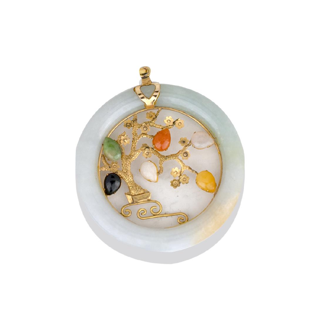 Large, Jade Gemstone Tree of Live Pendant: Large, Jade Gemstone Tree of Live Pendant 2 inch in diameter, Solid Jade disk with multi colored pear-shaped cabochon gemstones arranged on a vined tree Handmade etched detail. 6.50 mm chain bail, mar