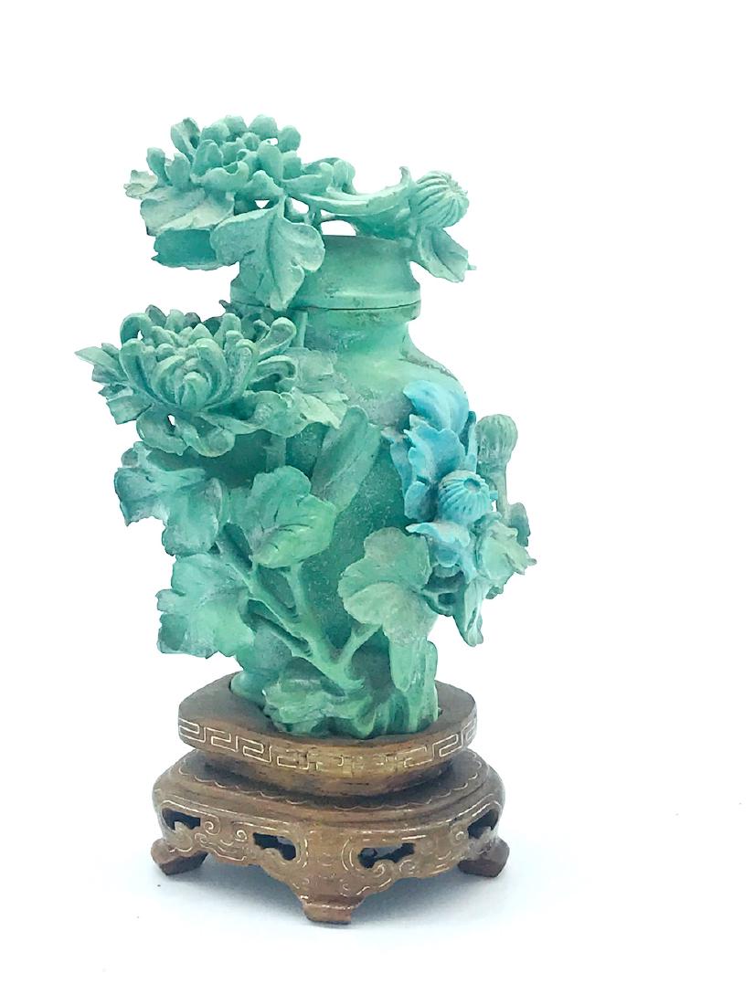 Chinese Floral Urn, Soapstone 4 x 3 plus stand: Chinese Floral Urn, Soapstone 4 x 3 plus stand Carved floral detailing over green urn