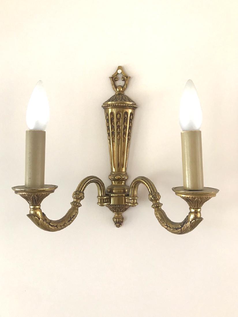 Two Sconces, French 11 x 11.5 Wide, Gilded Electrical: Sconces, French 11 x 11.5 Gilded Electrical Lighting Two, French Style Gilded, two lighted bulbs set up for lighting. Brass made. Match sconces.