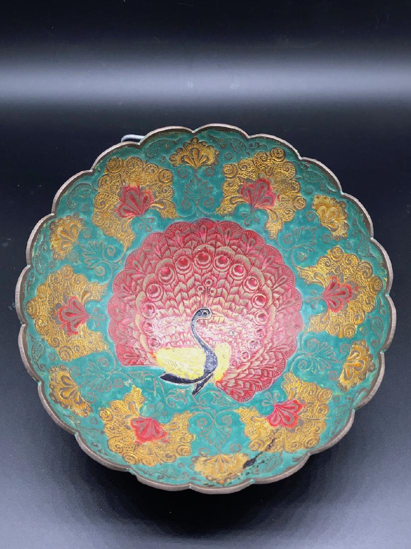 Middle Eastern Enamel, Colorful Peacock Bowl, 6-3/4 x: Middle Eastern Enamel, Peacock Bowl, 6-3/4 x 2.6Colorful enameled bowl with fabulous workmanship and detail Brass base