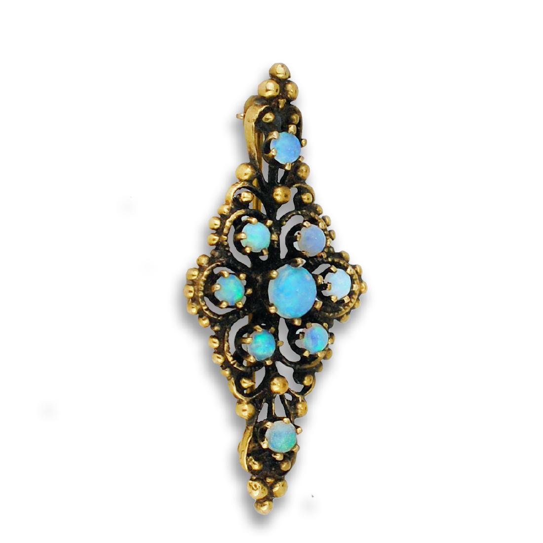 Fire Opals, 14 karat yellow gold pin-necklace drop. 4.2: Opal, 14 karat yellow gold pin-Fire Opals, 14 karat yellow gold pin-necklace drop. 4.2 grams of gold measuring 1-1/2 inches in length Opal (9) round rich colored deep bluish, fire opals are set in an 