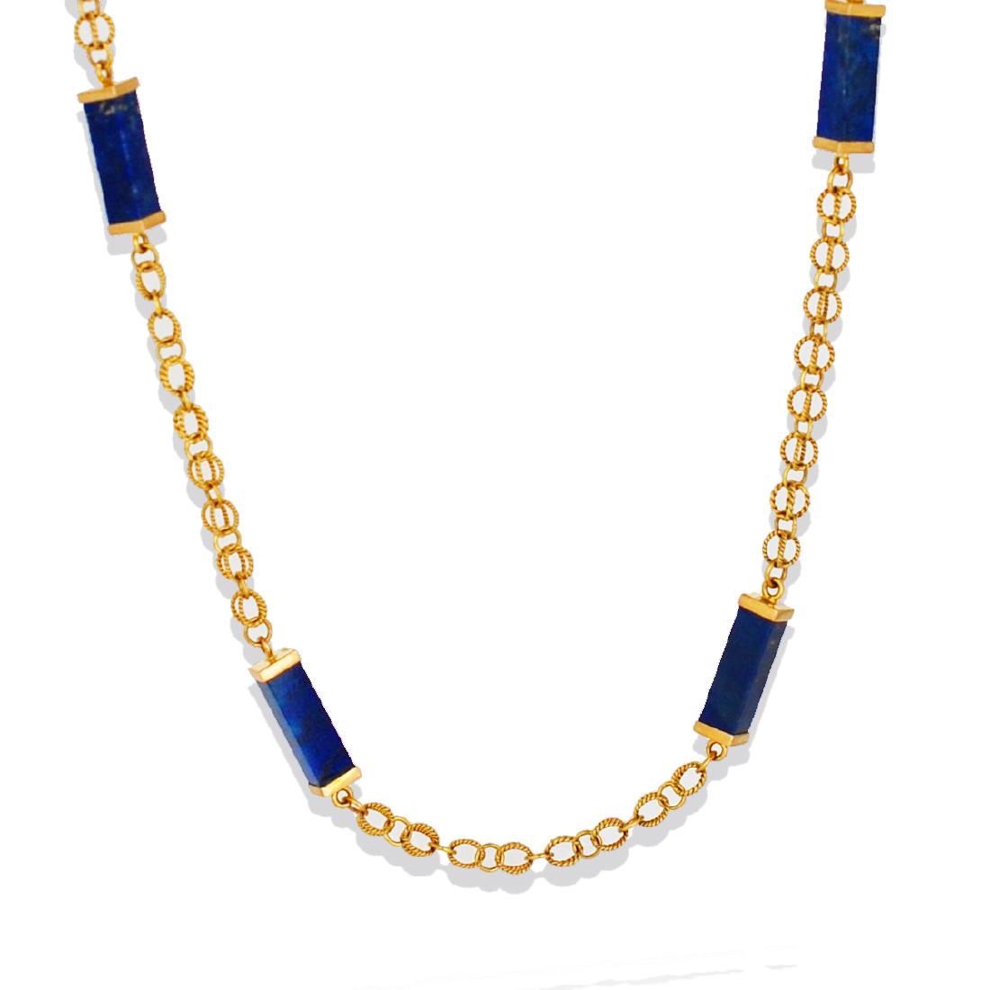 Handmade, Lapis Lazuli 30 Inch Link, Quality Chain: Handmade, Lapis Lazuli 30 Inch Link, Quality ChainModern, handmade (8) Lapis stones are nearly 1 inch in length with quality gold caps and individually marked, 14 karat.18 Karat gold clasp, with lengt