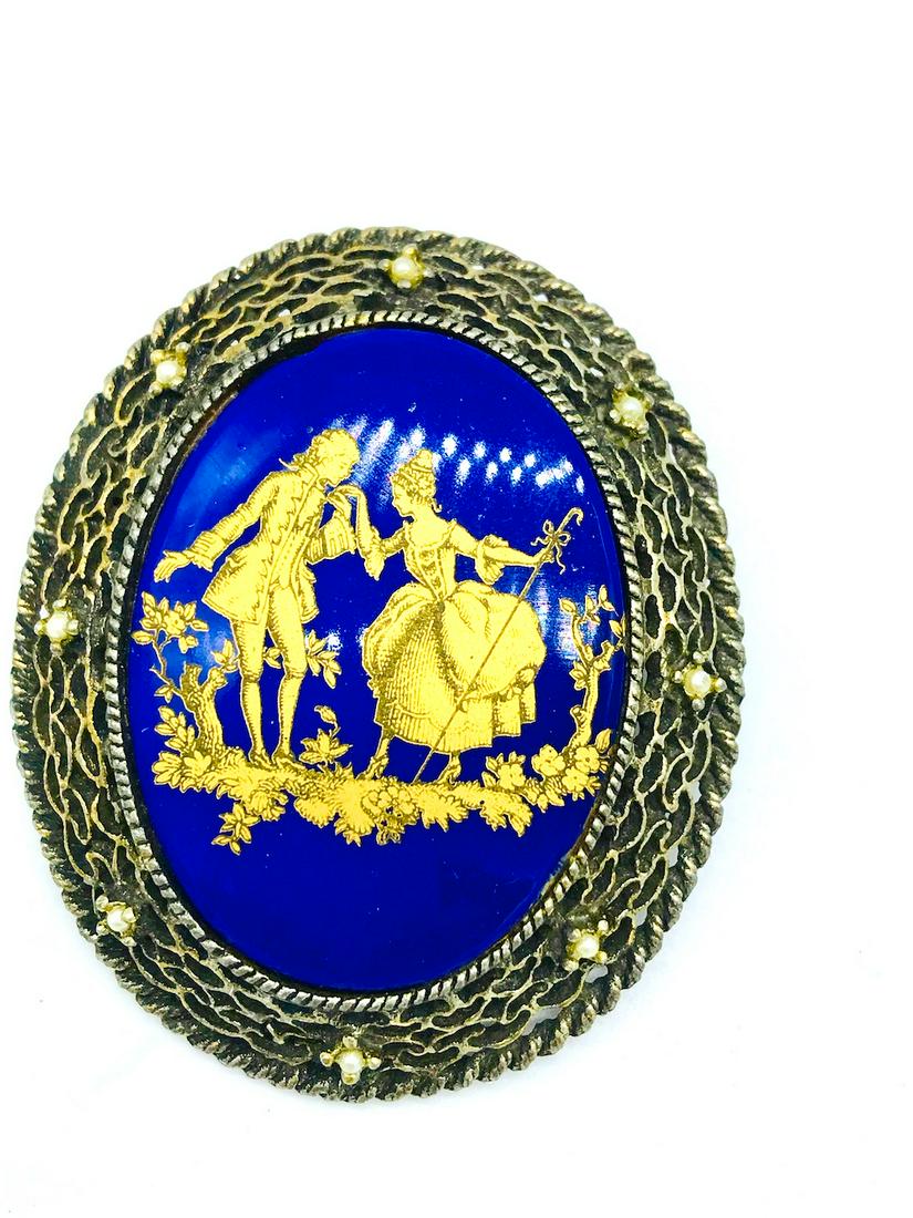 Blue Stone, Renaissance Gilded Painted, Pearl Pendant: Blue Stone, Renaissance Gilded Painted, Pearl Pendant 1800's painting of couple set onto a colbolt colored blue backdrop. Ornate, weaving outter frame encases this 2 x 2.25 inch long pendant. Accentin