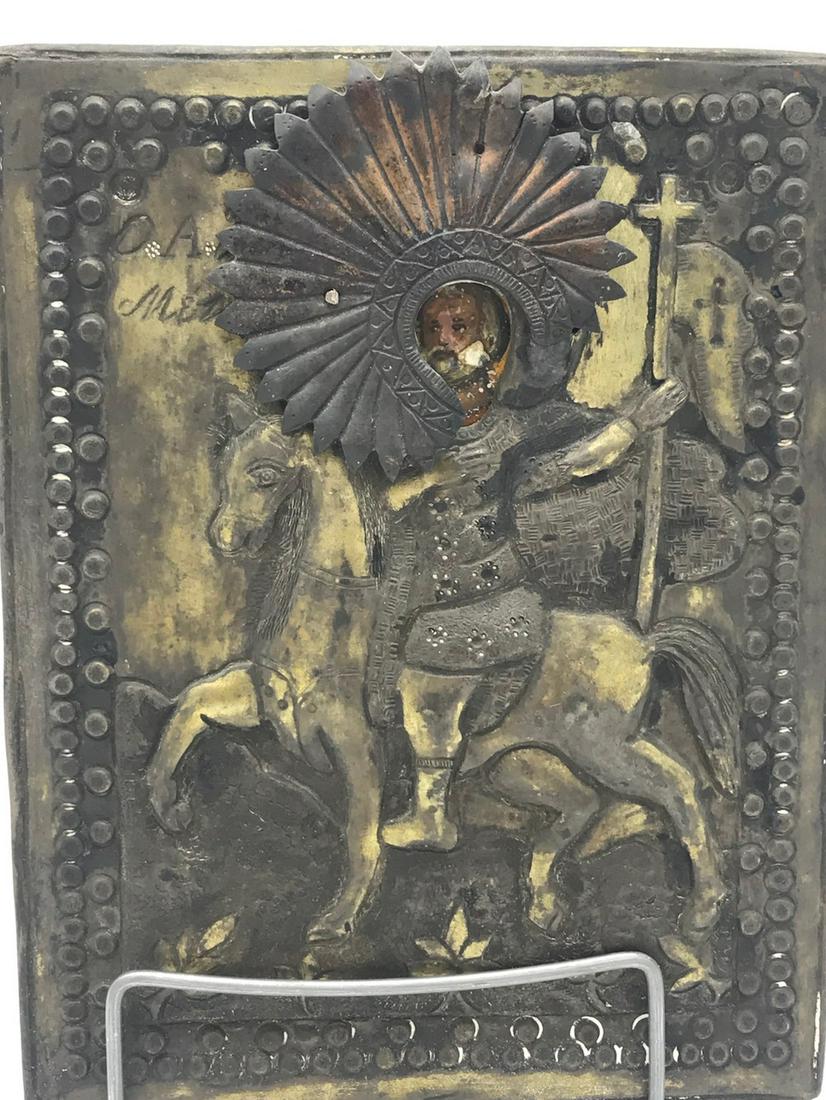 Icon, 17th Century, Greek Warrior Silver Medium,: Icon, 17th Century, Greek Warrior Silver Medium, Painted Face 7 x 5.76 17th Century from a collector paid $30K for lots 8001 and following Lots depicting bible saints and figures. Russian and Greek Ic