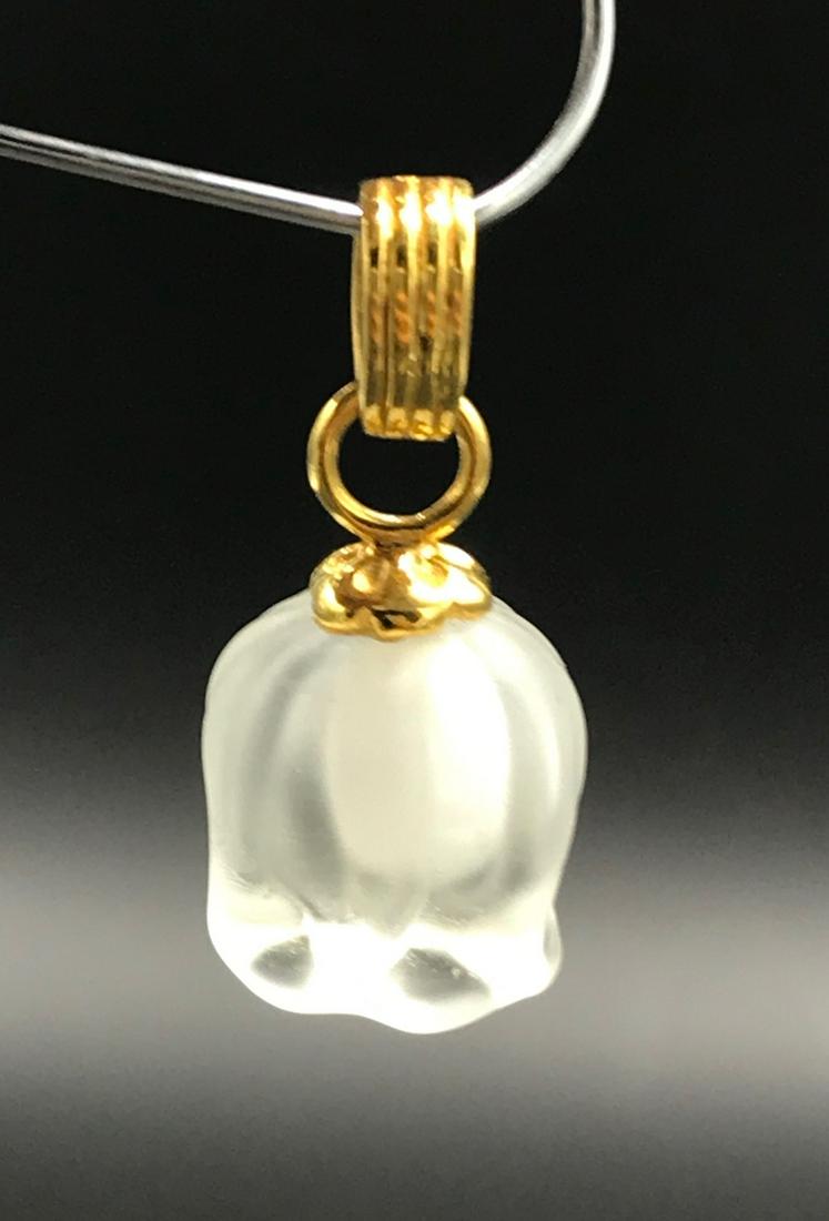 Frosted Lalique, Tulip Drop Pendant 1 Inch: Frosted Lalique, Tulip Drop Pendant 1 Inch Signed Chain Bail measuring 8.74 mm made of 14kt gold overlay Transparent floral, 2-dimentional carrying second white colored flower GIA Gemologist inspected