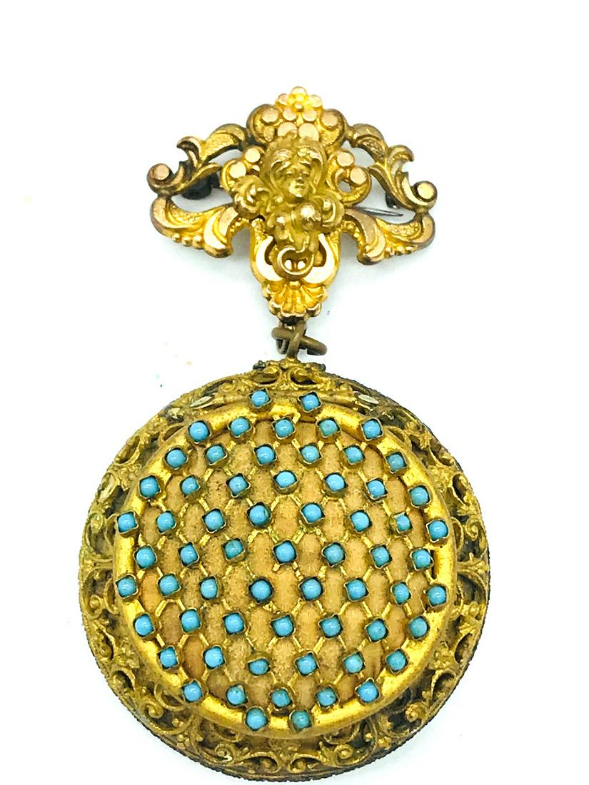 Art Art Nouveau, Turquoise, 18th Century Baroque Case,: Victorian, Turquoise, Baroque Case, Powder Pin Broach measures 3 x 1.75 " wide. Detachable top part so item can be worn with or without top ornament; with or with Art Nouveau pin. Turquoise are set i